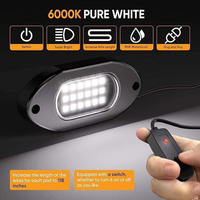 Honalia White LED Rock Lights Kits 8 Pods, 6000K Pure White Rock Lights with Switch