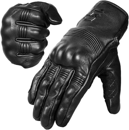 Leather Motorcycle Gloves for Men and Women | Touchscreen | Full Finger | Goatskin Leather Hard Knuckle Motorcycle Riding Gloves (Un-Perforated, Small)