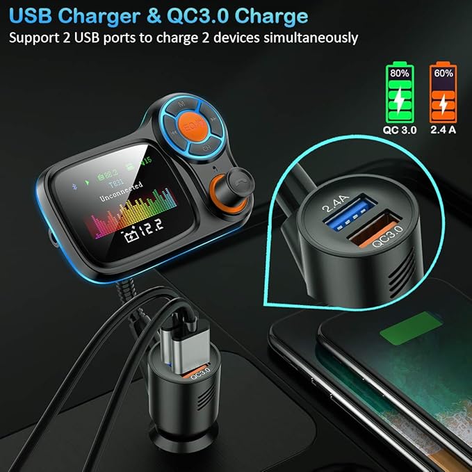 TSNAM Wireless Car Bluetooth Adapter,Radio FM Transmitters HandsFree Call Receiver and MP3 Music/APP Audio Play,QC3.0 and Smart 2.4A Dual USB Charger,1.8" Color Display,Aux Port,TF Card