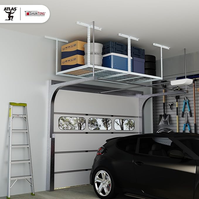 The Atlas Pro 4 x 8 ft Overhead Garage Storage Rack, Ultra Duty 1250lbs Weight Capacity, Adjustable Height 26"-48", White