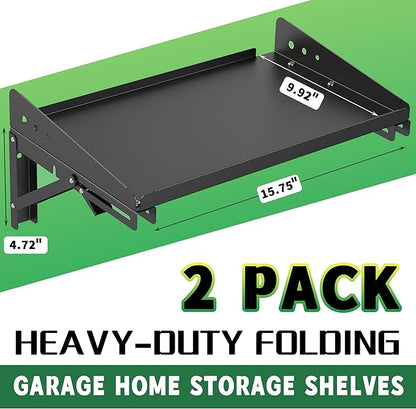 ULIBERMAGNET Garage Folding Storage Rack Shelves,100LB Metal Wall Mounted Adjustable Rail Shelf for Garage,Power Tools,Toolbox,Storage Shelves with Lip for Workshop Kitchen Office (2 Pack)
