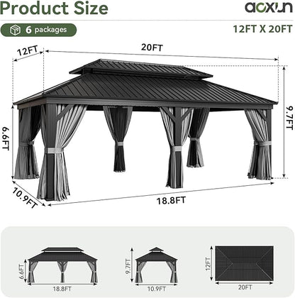 Aoxun 12' X 20' Hardtop Gazebo, Aluminum Outdoor Gazebo with Galvanized Steel Double Roof, Patio Permanent Metal Pavilion with Netting, for Garden, Deck, Grey, Square Foundation