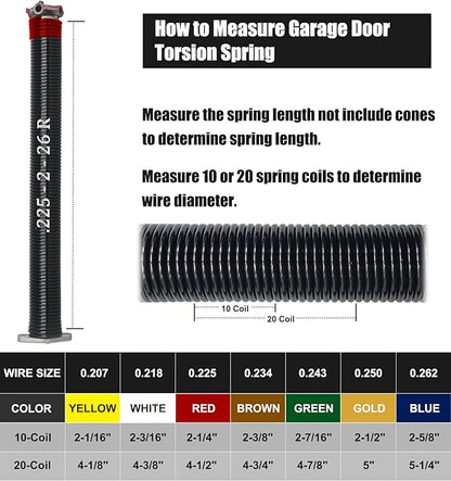 Garage Door Torsion Spring Set, Pair of 2" Electrophoresis Coated Garage Door Spring Replacement with 2 Non-Slip Winding Bars and Bearing, Minimum 16000 Cycles (.225x2x26")