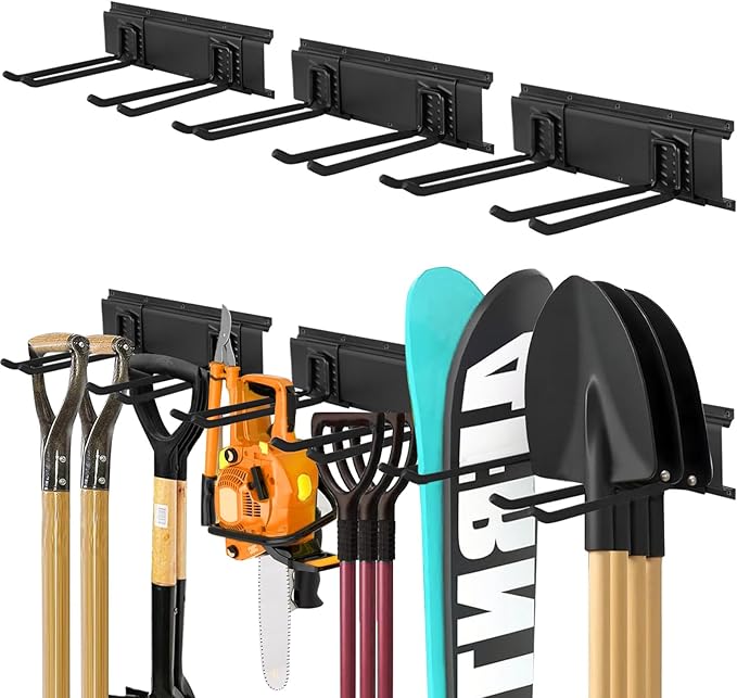 Garage Tool Organizer Wall Mount 48in- 6 Heavy Duty Hooks,360lbs Capacity, Garage Organization & Storage Rack for Broom, Rake & Snow Equipment - Tool Organizer & Men’s Gift Choice