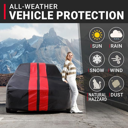 iCarCover Custom Car Cover Compatible with Camaro 1974-1981, Waterproof All Weather Rain Snow UV Sun Protector Full Exterior Indoor Outdoor Car Covers, Stripe (Black/Red)