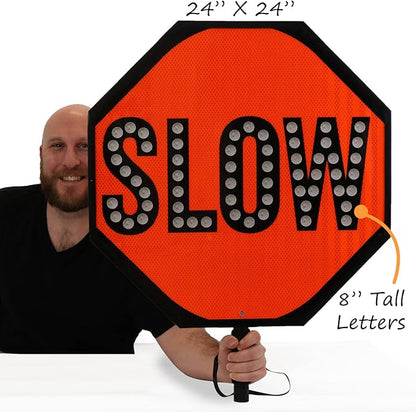 SmartSign 24" LED Stop/Slow Paddle, Rechargeable Battery & Charger, 2-Sided Reflective Hand Held Aluminum Sign with Strap, Steady/Flashing Light Modes, Foam-Padded Grip, 1-Pack