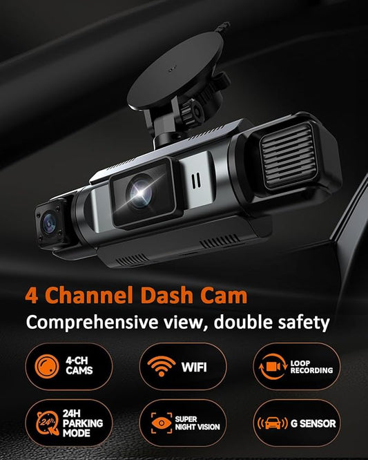 4 Channel WiFi Dash Cam with 32GB Card, 4 * 1080P Dash Camera for Cars Front and Rear Left Right,3”IPS Screen Dashcam with 360° Surveillance APP Control, 24H/7 Parking Mode,Night Vision G-Sensor