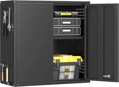 Metal Garage Wall Cabinet with 2 Doors and 1 Adjustable Shelf,Lockable Floating Tool Cabinet with Pegboard,Black Steel Storage Cabinet for Kitchen,Office,Garage,Laundry,Warehouse(Black, 26" H)