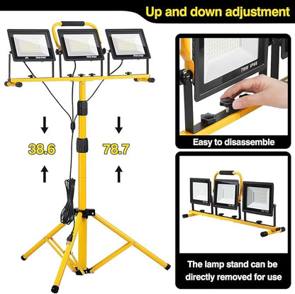 21000 lumens LED work light, IP66 waterproof portable work light, with tripod, 16.4-foot (about 5 meters) wire; Suitable for outdoor and indoor workshop, garage, and construction site lighting
