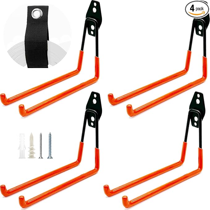 Heavy-Duty Garage Hooks -4 Pack Type large J - Anti-Slip Coated Wall-Mounted Hooks Wall Mount Storage Organizer for Hanging Power and Garden Tools, Ladders, Hose, Bikes, Ropes, Bulk Items, and More