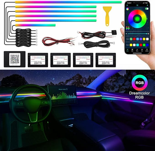 Acrylic Interior Car LED Strip Light with Wireless APP, RGB Dreamcolor 6 in 1 with 175 inches 593 LEDs Fiber Optic Ambient Lighting Kits, 16 Million Colors Sound Active Function Car Neon Lights