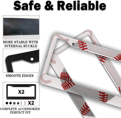License Plate Frames for Men Red and White License Plate Cover for Women Baseball Texture Aluminum Metal Car Accessory 2 Pack with Screw Covers Set