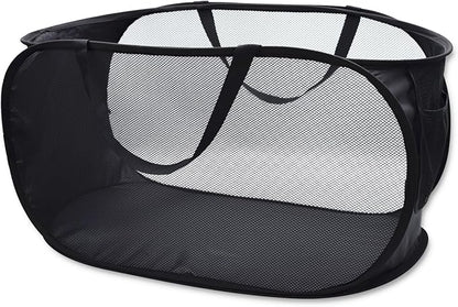 HONOMA Sturdy Mesh Laundry Hamper Basket Bag,Pop up Basket with Side Pocket for Laundry Room, Bathroom, Kids Room, College Dorm or Travel (Pop Horizontal, Black)