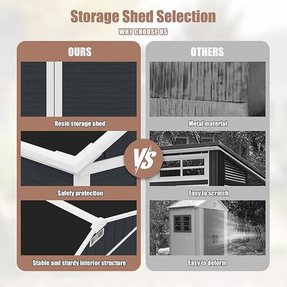 MyVoice 8x7 FT Outdoor Resin Storage Shed with HD Window, Rustproof Waterproof Garden Tool Shed, 12mm Thickened PP Panels, Large Capacity Outdoor Utility House for Backyard Patio (with Floor)