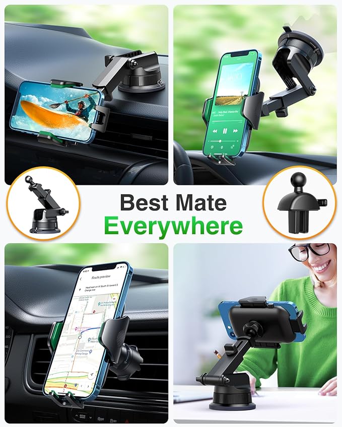 VANMASS [Pro Version] Universal Car Phone Mount [Super Suction Cup] Dashboard Phone Holder, Handsfree Windshield Dash Vent Phone Holder Car, Compatible for iPhone 16 15 14 13 Samsung LG & Truck,Green