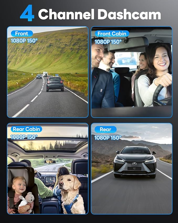 SPRLEAF 4 Channel Dash Cam with Front Cabin Rear Cabin Cameras, 360 Degree View Dash Camera for Cars, Built-in GPS, 5GHz WiFi, IR Night Vision, 24H Parking Monitor, G-Sensor, Free 128GB Card, 1080P*4
