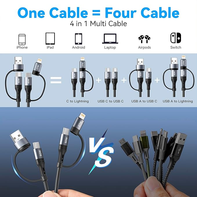Coiled Lightning Cable [2Pack 4FT] 4 in 1 Multi Charging Cable 60W Fast Charging Retractable Charger Cord for iPhone 15/14/13/12/11 Pro Max/XS MAX/XR/XS/X/8/7/6 Plus/iPad/AirPods/MacBook/CarPlay (1)