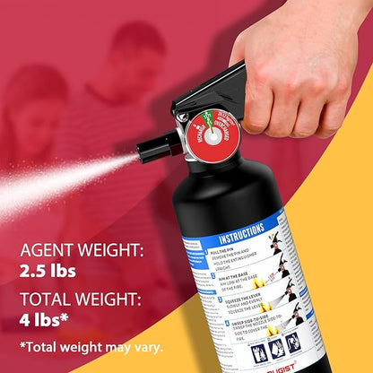 ABC Dry Powder Fire Extinguisher, 2.5 lb – 1-A:10-B:C Rated, Fire Extinguisher for Home, Kitchen, Office & Vehicle, Fire Extinguisher with Easy-Grip Handle & Quick Release, Model FF1KG,Black