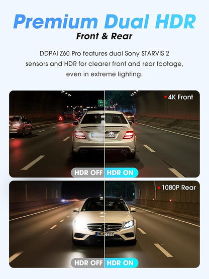 DDPAI Dash Cam Front and Rear, Dual STARVIS 2 IMX678 IMX662 Dashcam, 4K+1080P Dual HDR Car Camera with 32G eMMC, 3K/60FPS, 4G LTE Support, 5G WiFi GPS, 3" IPS, Night Vision, 24H Parking Mode, Z60 Pro