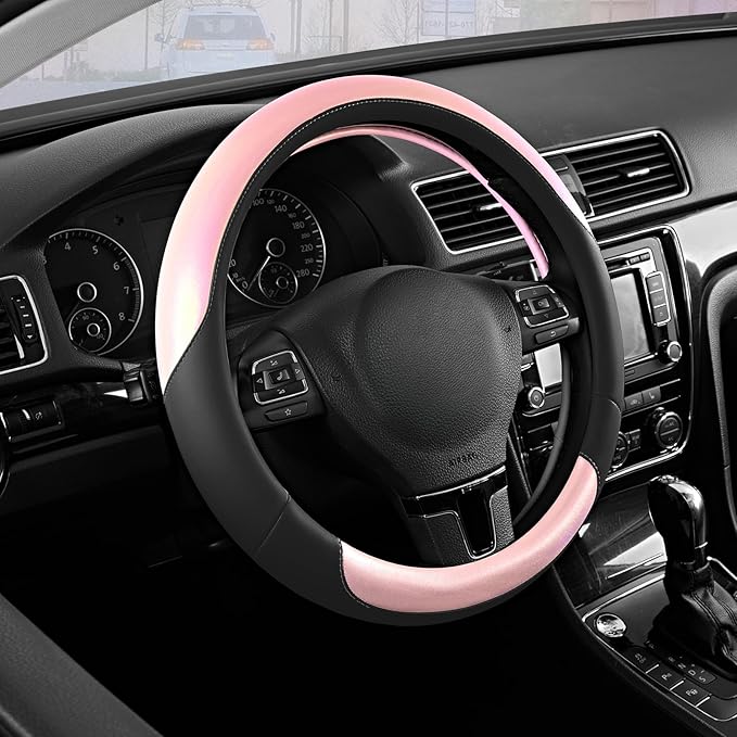 Road Comforts Steering Wheel Cover – Breathable Leather Steering Wheel Cover, Anti-Slip Grip, Universal Fit 14.5” to 15”, Heat & Cold Resistant for Cars, SUVs, and Trucks – Black & Pink