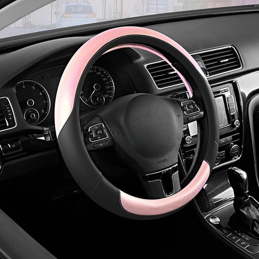 Road Comforts Steering Wheel Cover – Breathable Leather Steering Wheel Cover, Anti-Slip Grip, Universal Fit 14.5” to 15”, Heat & Cold Resistant for Cars, SUVs, and Trucks – Black & Pink