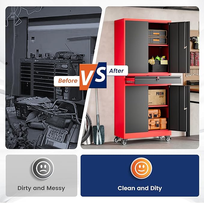 Yizosh Metal Garage Storage Cabinet with Locking Doors and Adjustable Shelves,- 73" Rolling Tool Storage Cabinet with 4 Wheels and 1 Drawer for Garage,Warehouse (Red Black)