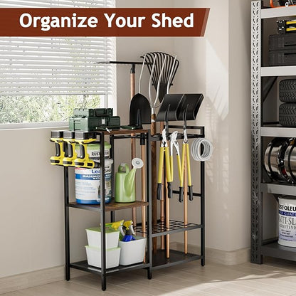 Garden Garage Tool Organizer - with 3-tier Shelves, Yard Tool Organizer for Garage with 4 Hooks, Heavy duty Steel Garden Tool Rack Holds up to 48 Long Handled Yard tools for Storage