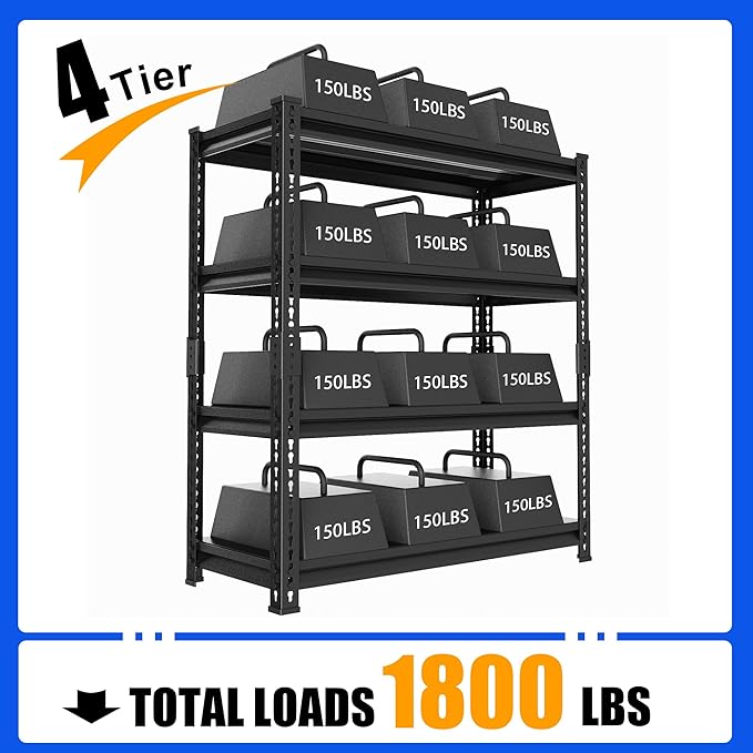 48" W Garage Shelving Heavy Duty, 1800LBS Loads Adjustable Garage Storage Shelves, 4-Tier Metal Shelving Units and Storage Racks, Industrial Utility Shelf,48" Wx16 Dx72 H, Black