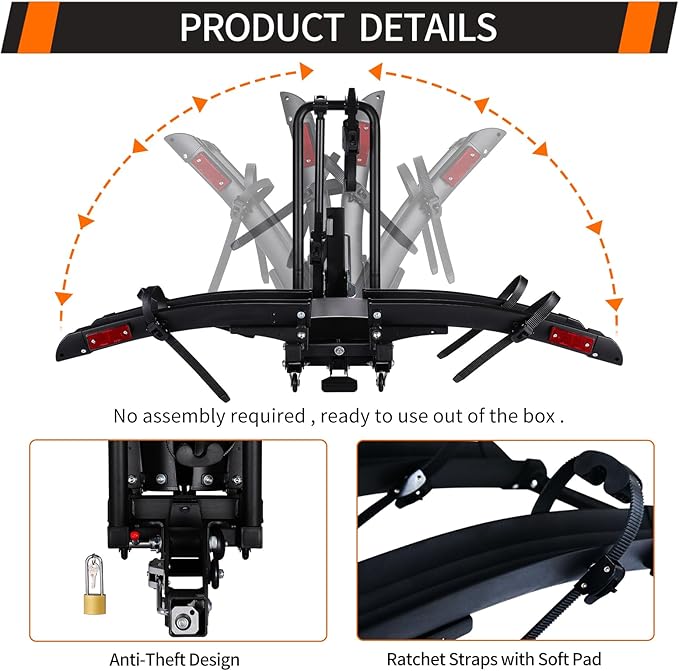 Foldable Electric Bike Rack Hitch Mount with Ramp for 2" Receiver, 2 Bike Rack for Car, Up to 4’’ Fat Tire, 136 lbs Capacity, with Locks, Tiltable, Wheels for Easy Transport