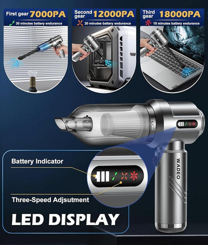 WADEO Car Vacuum Portable Cordless 18000PA, 4-in-1 Handheld Vacuum Cleaner and Air Duster with LED Display & Multi-Nozzles, Mini Hand Held Vacuum Rechargeable for Home, Car, Office, Pet Hair