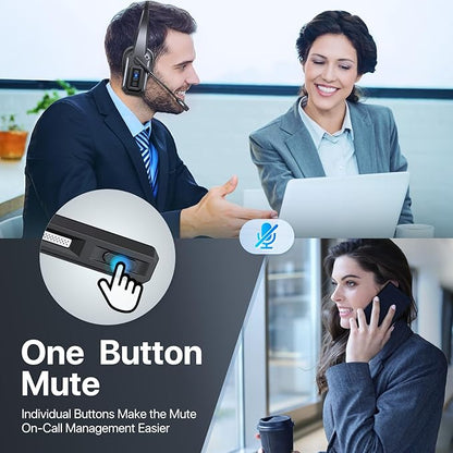 Bluetooth Headset, Trucker Bluetooth Headset with Noise Cancelling Microphone & Mute Button, 60Hrs Working Time, Wireless On-Ear Headphones with Mic for Work/Cellphone/Laptop/Office - Black