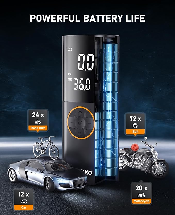 Tire Inflator Portable Air Compressor - 150PSI Fast Cordless Air Pump for Car Tires, Rechargeable Bike Tire Pump with Digital Pressure Gauge, LED Light for Cars, Bicycles, Balls and More