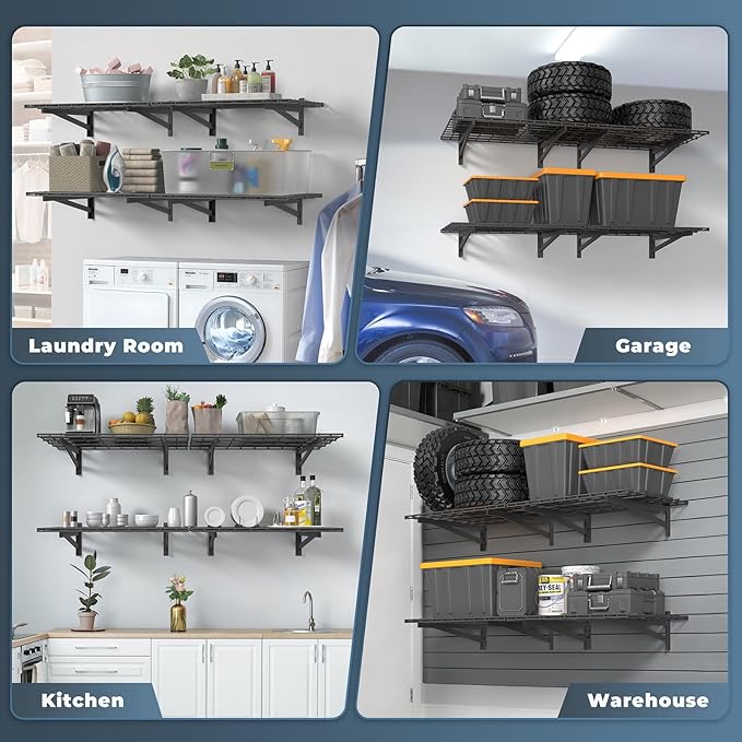 2 Pack Heavy Duty Garage Wall Shelving Set (1.5x4ft), Wall Mounted Garage Shelves 500lbs Capacity, 18"x48" Shelf Storage Rack Floating Shelves, Black