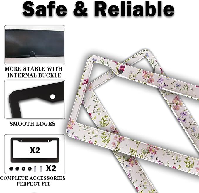 License Plate Cover Multicolor License Plate Frames Folk Flower Hippie Boho Floral Aluminum Metal Car Accessory 2 Pack with Screw Covers Set