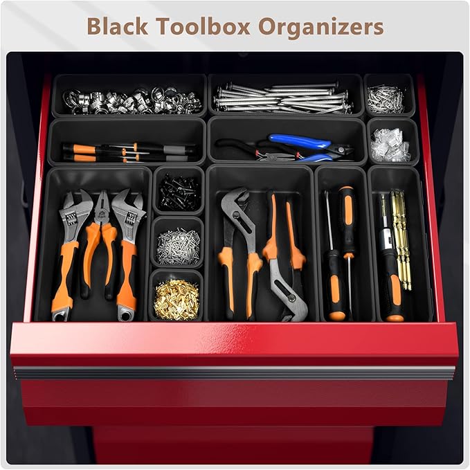 【More Larger Size】A-LUGEI【69Pcs】【5 Size】 Tool Box Organizer Tray Divider Set, 【Black】 Desk Drawer Organizer, Garage Organization and Storage Toolbox for Rolling Tool Chest Cart Cabinet WorkBench Parts