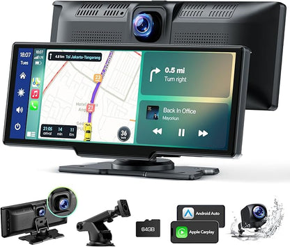 Volam Wireless Carplay Screen for Car with 2.5K Dash Cam, 1080p Backup Camera, 9.26" Portable Car Stereo with Apple Carplay Android Auto, Mirror Link, Loop Recording, GPS Navigation, AUX/FM