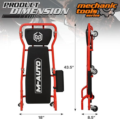 M-AUTO Heavy-Duty Automotive Creeper with 3-leves Adjustable Headrest, 42.5" Padded Metal Frame Creeper with Tools Tray for Garage Shop, 6 Noiseless Casters 300LBS Capacity, Red