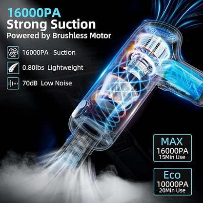 Car Vacuum Cleaner,80W/16Kpa/20Mins,Lightweight Mini High Power Pet Portable Handheld Cordless Vacuum Pro, Rechargeable Small Extractor Vacuum Detailing with Cleaning Gel for Car, Home and Office