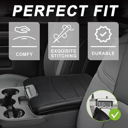 Muslogy Center Console Armrest Cover Compatible with Dodge Ram 1500 2013-2018 & 2013-2025 Ram 2500/3500 Comfort Armrest Pad Arm Rest Cushion Vegan Leather Protector Regular Thick(Jump Seat ONLY)
