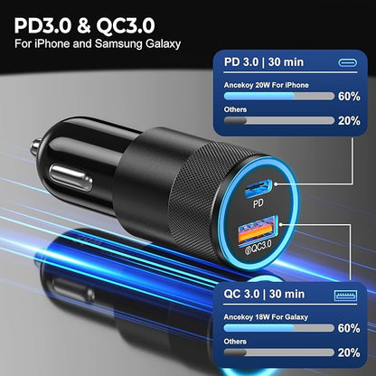 6 Pack USB C Car Charger, Ancekoy 38W Dual USB-C + USB-A Car Charger Adapter Fast Charge PD/QC 3.0 Cigarette Lighter Adapter USB Charger Plug for iPhone 16/15/14/13/12/11/Pro Max, iPad, Samsung,Pixel