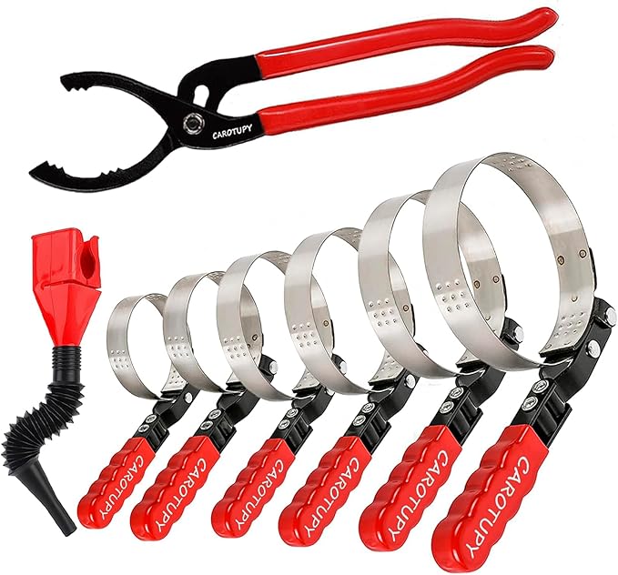 8pcs Oil Filter Wrench Set, 12" Adjustable Oil Filter Pliers with Flexible Oil Funnel, Oil filter Removal Tool Adjustable from 1-1/4"-5-2/5"