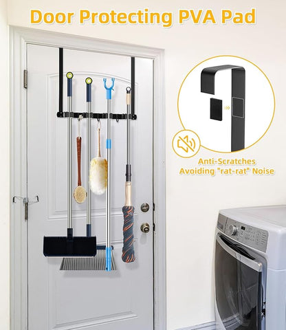 Broom Holder Over The Door - 304 Stainless Steel Mop and Broom Holder Wall Mounted or Hanging Over The Door with Hooks - Broom Hanger, Broom Storage Tool Organizer for Garage Closet Laundry
