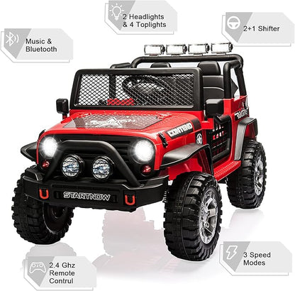 2-Seater Kids Ride on Truck Car, 12V Battery Powered Electric Vehicle with Remote, Electric Car for Kids/Toddlers w/Spring Suspension, LED Light, Music, MP3, 2 Doors, 3 Speeds, Red