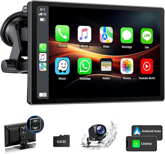 Portable Wireless Carplay Screen for Car with 2.5K Dash Cam,9 Inches Android Auto Screen with 1080p Backup Camera,GPS Navigation,Bluetooth,Airplay,Voice Control