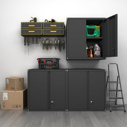 GREATMEET Metal Wall Cabinet, Wall Mounted Cabinet with Doors and Adjustable Shelf, Metal Storage Cabinet with Lock, Wall Cabinet for Garage, Pantry, Utility Room, Black