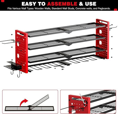 Power Tool Organizer Wall Mount,Cordless Drill Organizer,4 Layers Large Capacity Tool Rack with 8 Drill Holders (RED)