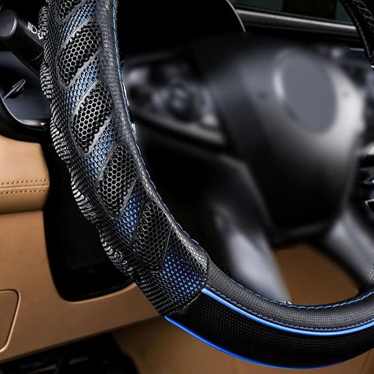 Flying Banner car Steering Wheel Cover Faux Leather Massage Universal fit 3D Honeycomb Hole Anti-Slip Sporty 15 Inches (Blue Black)