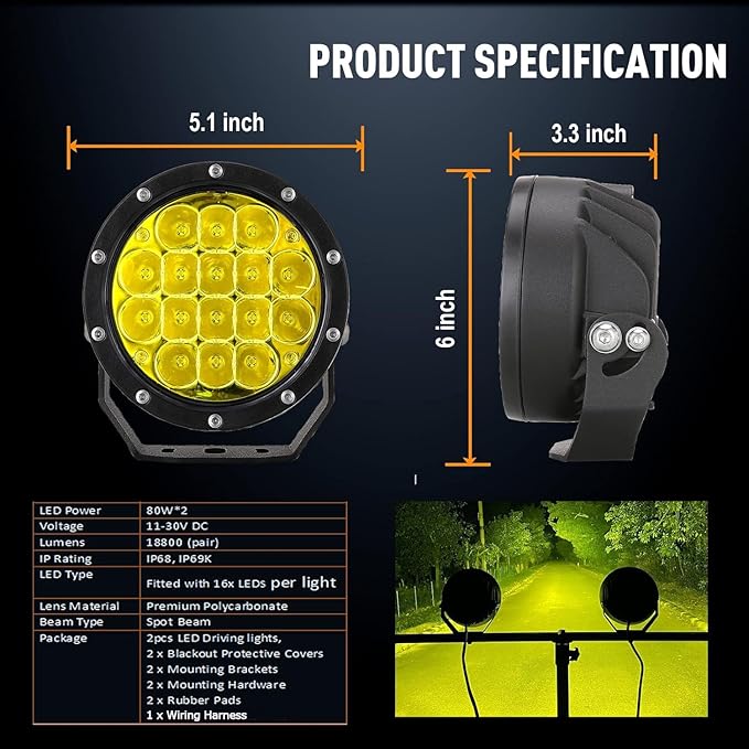 BIGLION.X 5Inch 160W Round Offroad Lights 18800LM LED Amber Fog Lights Yellow Driving Light Bar Off Road Spot Light Pods With Wiring Harness IP69K for Car Trucks SUV