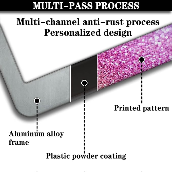 License Plate Frame Multicolor License Plate Holder Shining Rainbow Gradient Sparkle Glitter Women Aluminum Metal Car Accessory 2 Pack with Screw Covers Set