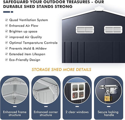 Metal Shed 10x16 FT Large with Customizable Skylight and Reinforced Steel Frame, Heavy-Duty Galvanized Steel Big Garden Sheds with Lockable Doors,4 Pane Windows, Large Utility Tool Sheds